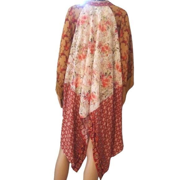 Ivy Jane Women's Size Small Floral Lace Mustard Gold Flamingo, Fringe Cardigan - Picture 3 of 12